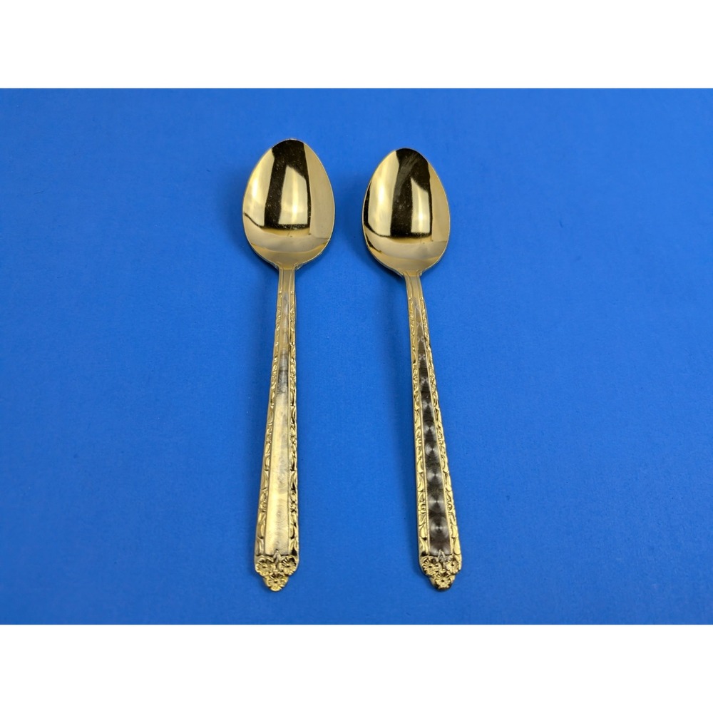 Vintage Stainless Steel Japan Silver Gold Tone Floral Serving Din Spoon Set of 2